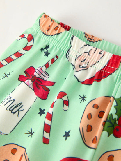 Christmas Santa and Cookie Print Girls Pajamas with Red Ruffle