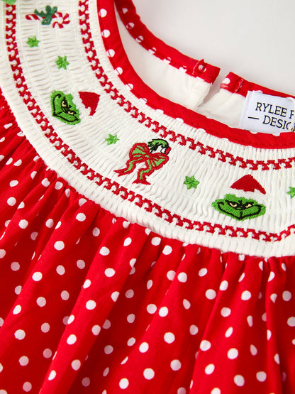 Christmas Cheer: Red Holiday Girls Dress with Cute Embroidery