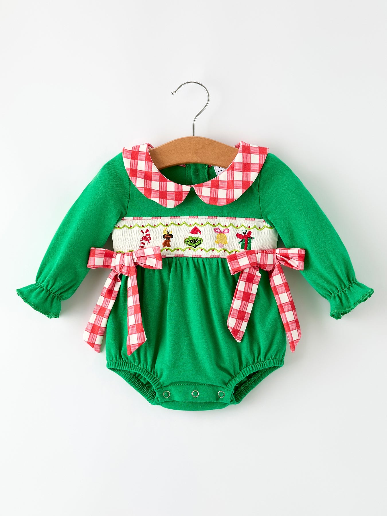 Christmas Character Candy Embroidery Green Baby Girls Romper