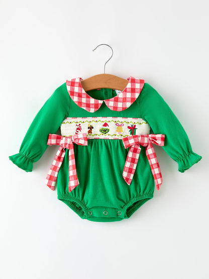 Christmas Character Candy Embroidery Green Baby Girls Romper