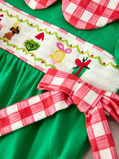 Christmas Character Candy Embroidery Green Baby Girls Romper