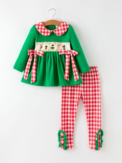 Christmas Character Candy Embroidery Green Girls Set
