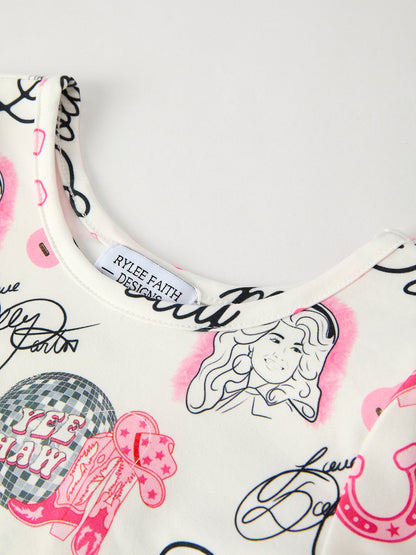 Pink Dolly Pattern Long Sleeve Dress – Cute Cowgirl Style for Girls