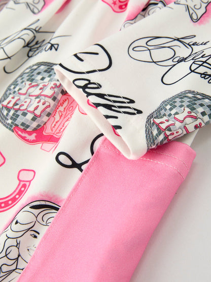 Pink Dolly Pattern Long Sleeve Dress – Cute Cowgirl Style for Girls