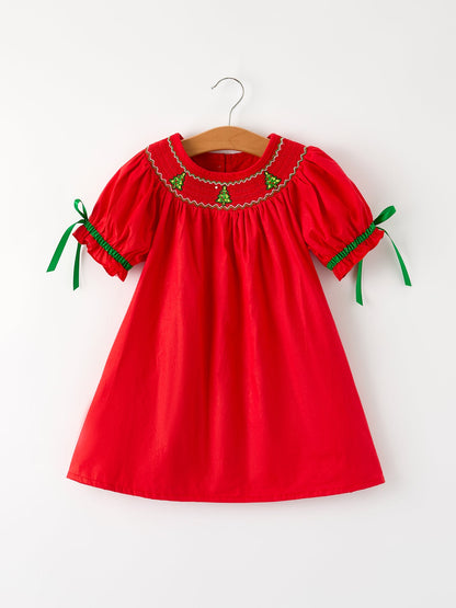 Christmas Girls Dress : Adorable Green Christmas Tree Embroidery