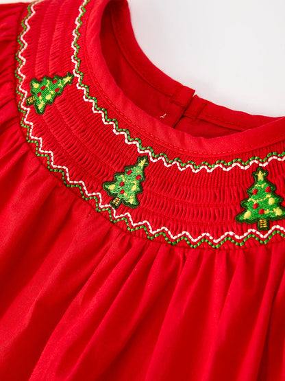 Christmas Girls Dress : Adorable Green Christmas Tree Embroidery