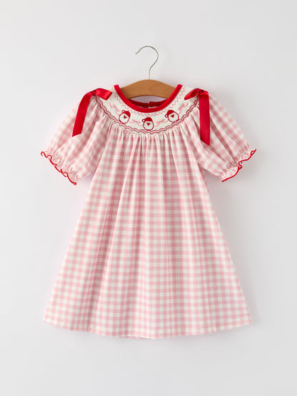 Pink Gingham Christmas Girls Dress: Santa Embroidery with Red Satin Ribbon