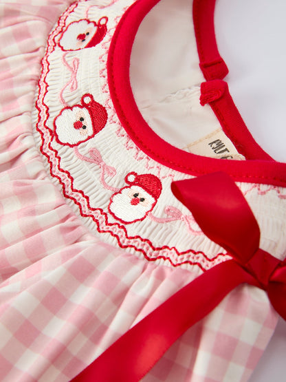 Pink Gingham Christmas Baby Girls Romper: Santa Embroidery with Red Satin Ribbon