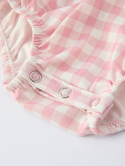Pink Gingham Christmas Baby Girls Romper: Santa Embroidery with Red Satin Ribbon