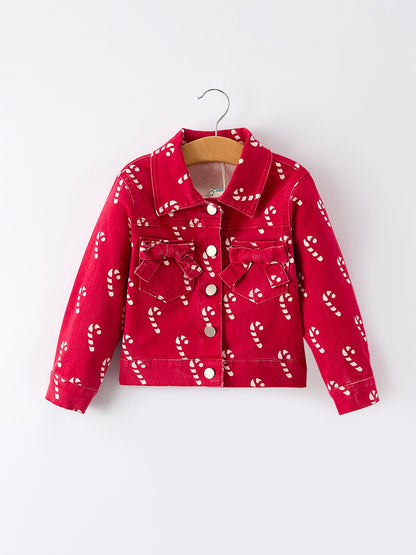 Girls Christmas Candy Cane Denim Jacket