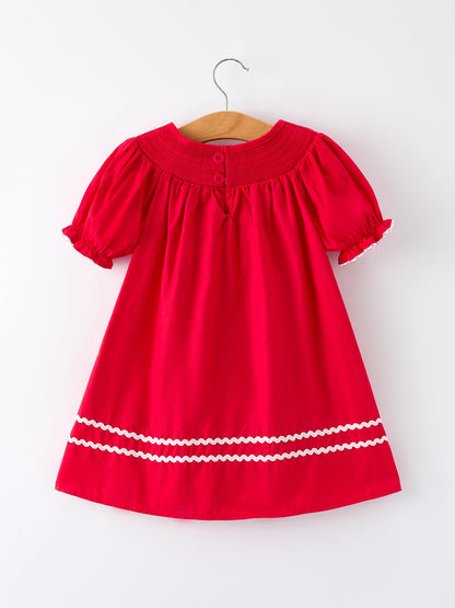 Red Christmas Girls Dress: Nativity Embroidery