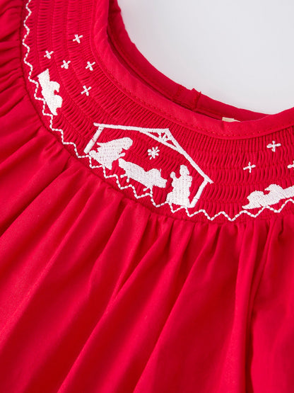 Red Christmas Girls Dress: Nativity Embroidery
