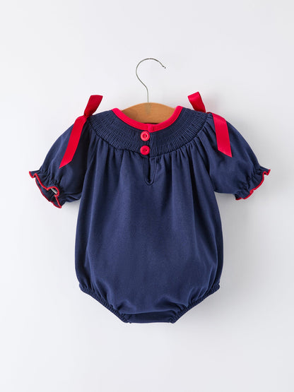 Christmas Holiday Celebration Baby Girls Romper: Navy with Santa Sleigh