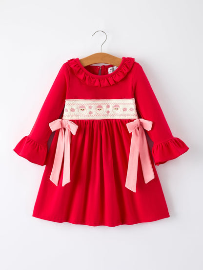 Christmas Smocked Embroidery Girls Dress with Pink Ribbon Ties