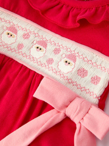 Christmas Smocked Embroidery Baby Girls Romper with Pink Ribbon Ties