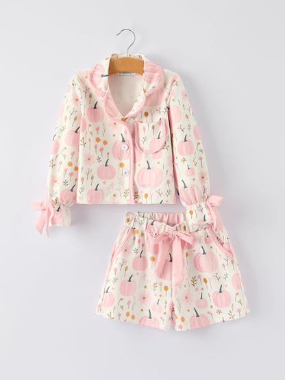 Thanksgiving Pink Pumpkin Floral Print Pajama Set