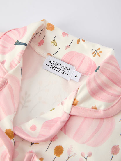Thanksgiving Pink Pumpkin Floral Print Pajama Set