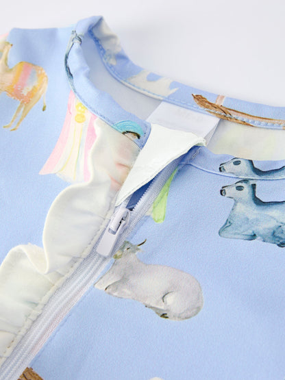 Blue Christmas Nativity Pattern Baby Girls Romper with Ruffles