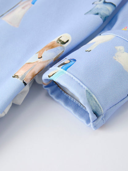 Blue Christmas Nativity Pattern Baby Girls Romper with Ruffles