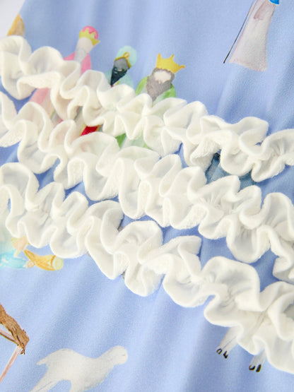 Blue Christmas Nativity Pattern Baby Girls Romper with Ruffles