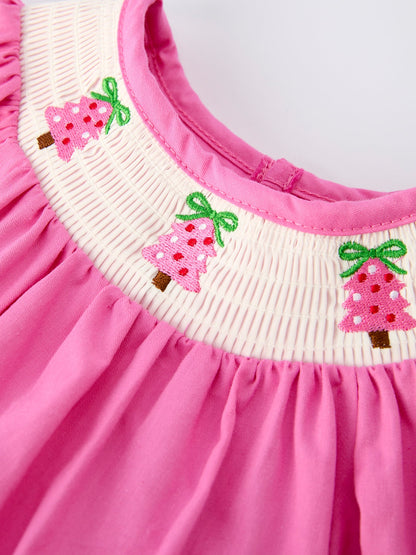 Christmas Pink Christmas Smocked Embroidery Tree Baby Girls Romper