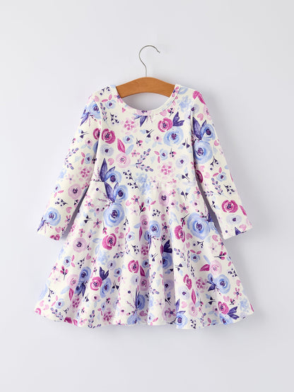 Spring and Autumn Purple Floral Baby Girl Dress with Long Sleeves