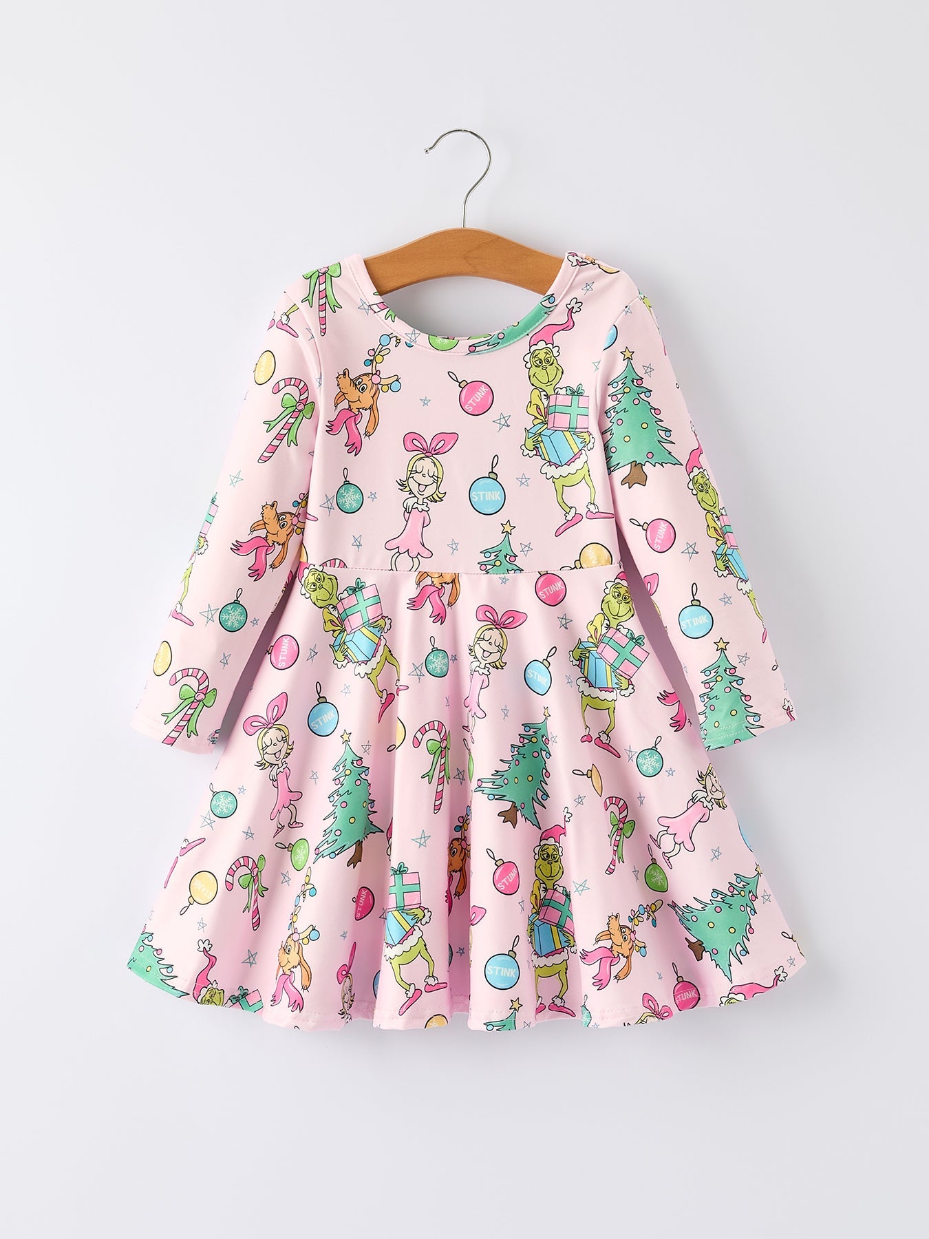 PREORDER Pink Christmas Character Print Long Sleeve Girls Dress