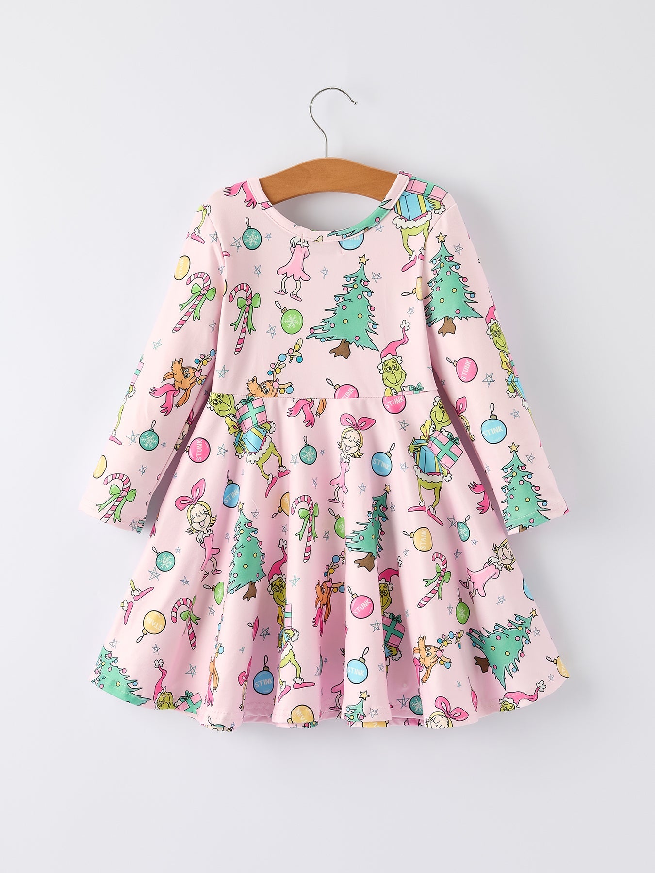PREORDER Pink Christmas Character Print Long Sleeve Girls Dress