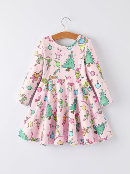 PREORDER Pink Christmas Character Print Long Sleeve Girls Dress