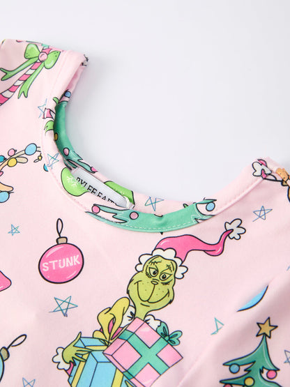 PREORDER Pink Christmas Character Print Long Sleeve Girls Dress