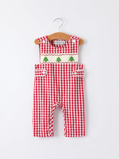 Christmas Smocking Embroidered Christmas Tree Plaid Plaid Baby Boy Romper