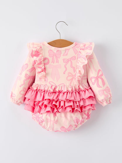 Girls Pink Bow Print Long Sleeves Romper