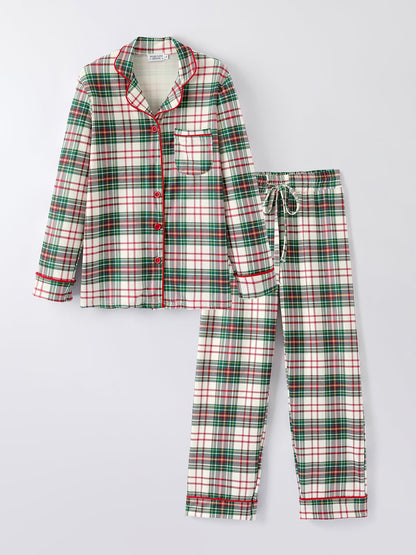 Mommy & Me Christmas Plaid Girls Pajamas Set with Long Sleeves and Red Cuffs