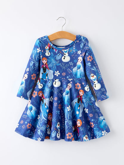 Blue Christmas Character Print Long Sleeve Girls Dress