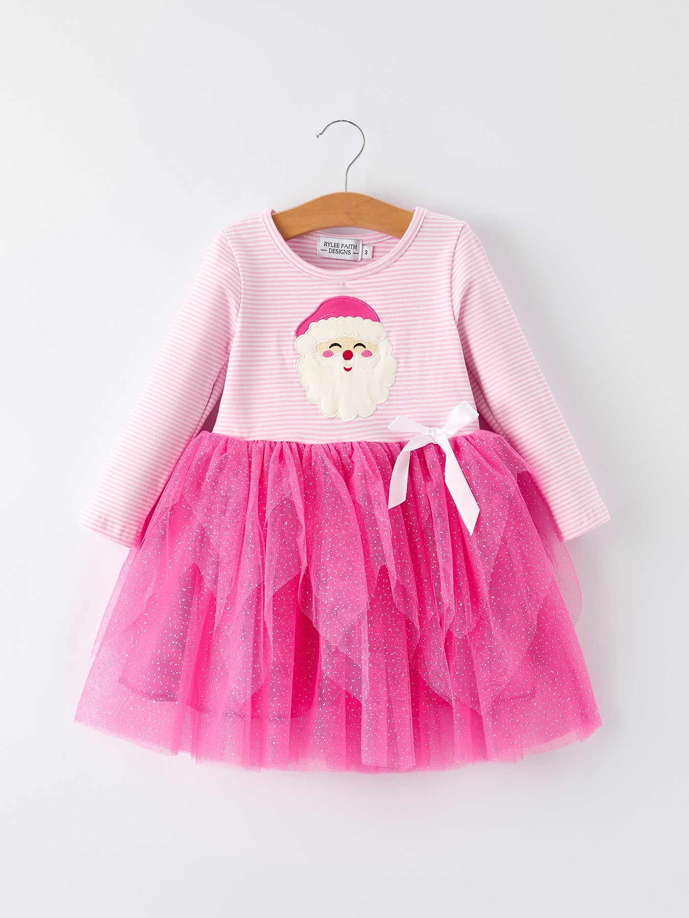 Pink Christmas Santa Applique Striped Girls Dress
