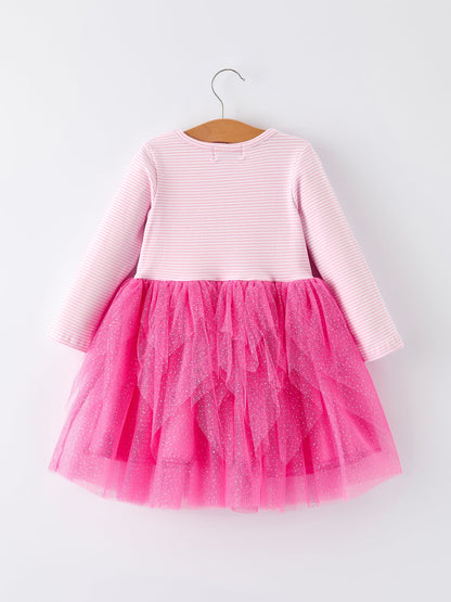 Pink Christmas Santa Applique Striped Girls Dress