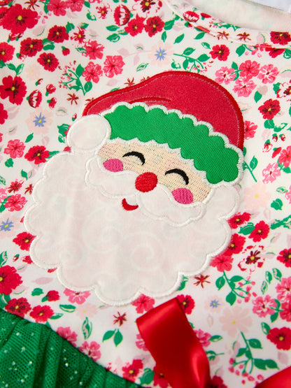Christmas Santa Applique Floral Long Sleeve Ruffle with Bow Ties Girls Dress