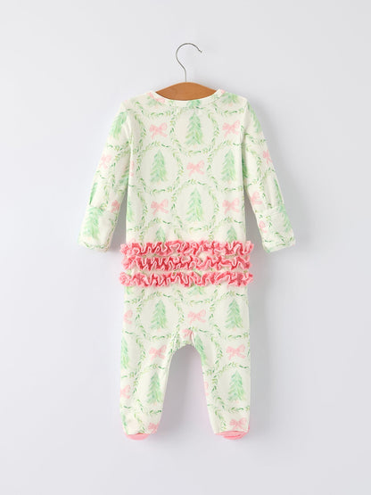 Christmas Tree Wreath Print Long Sleeve Zip Baby Girls Romper
