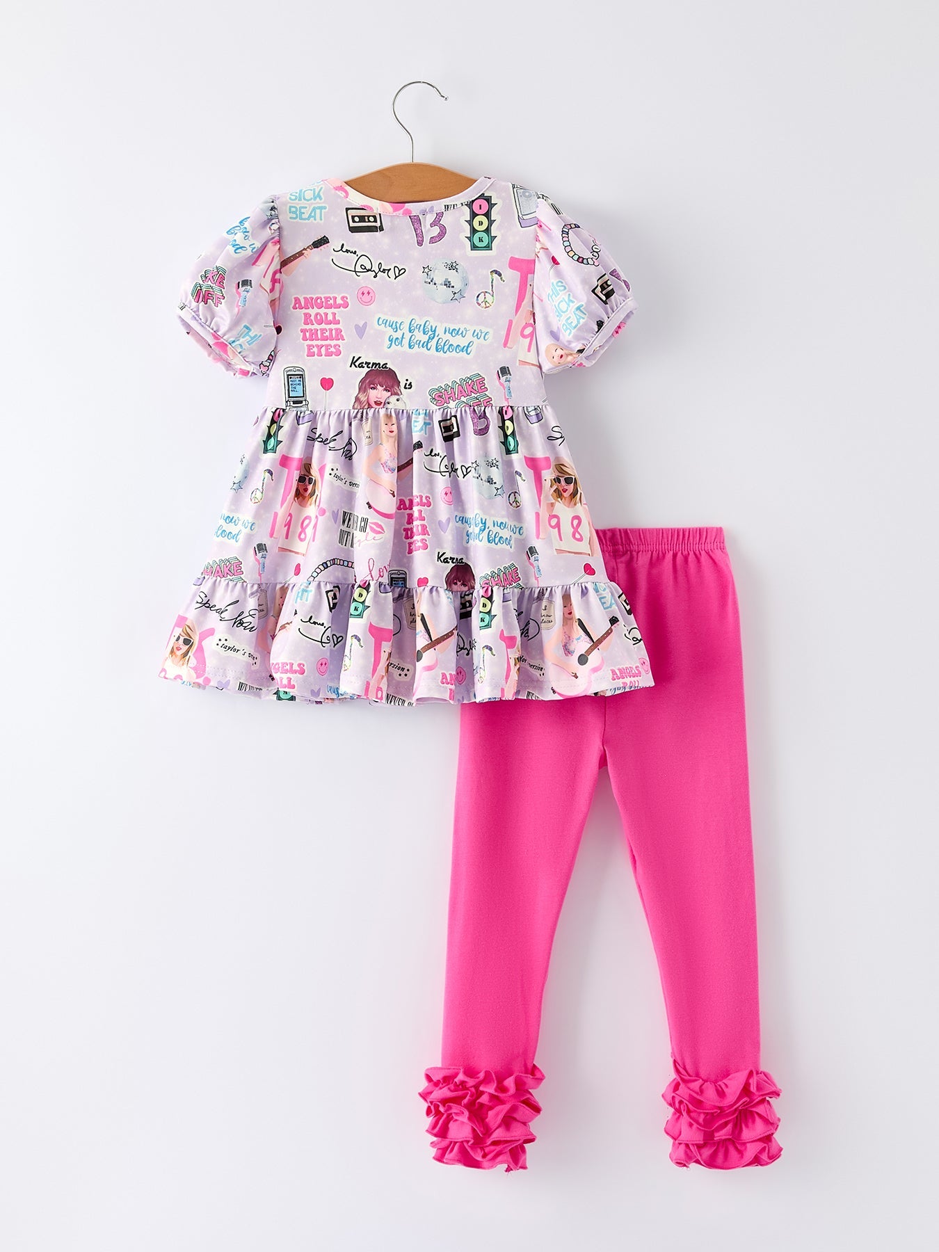 Purple TS Print Ruffle Sleeve Top and Leggings Girls Set