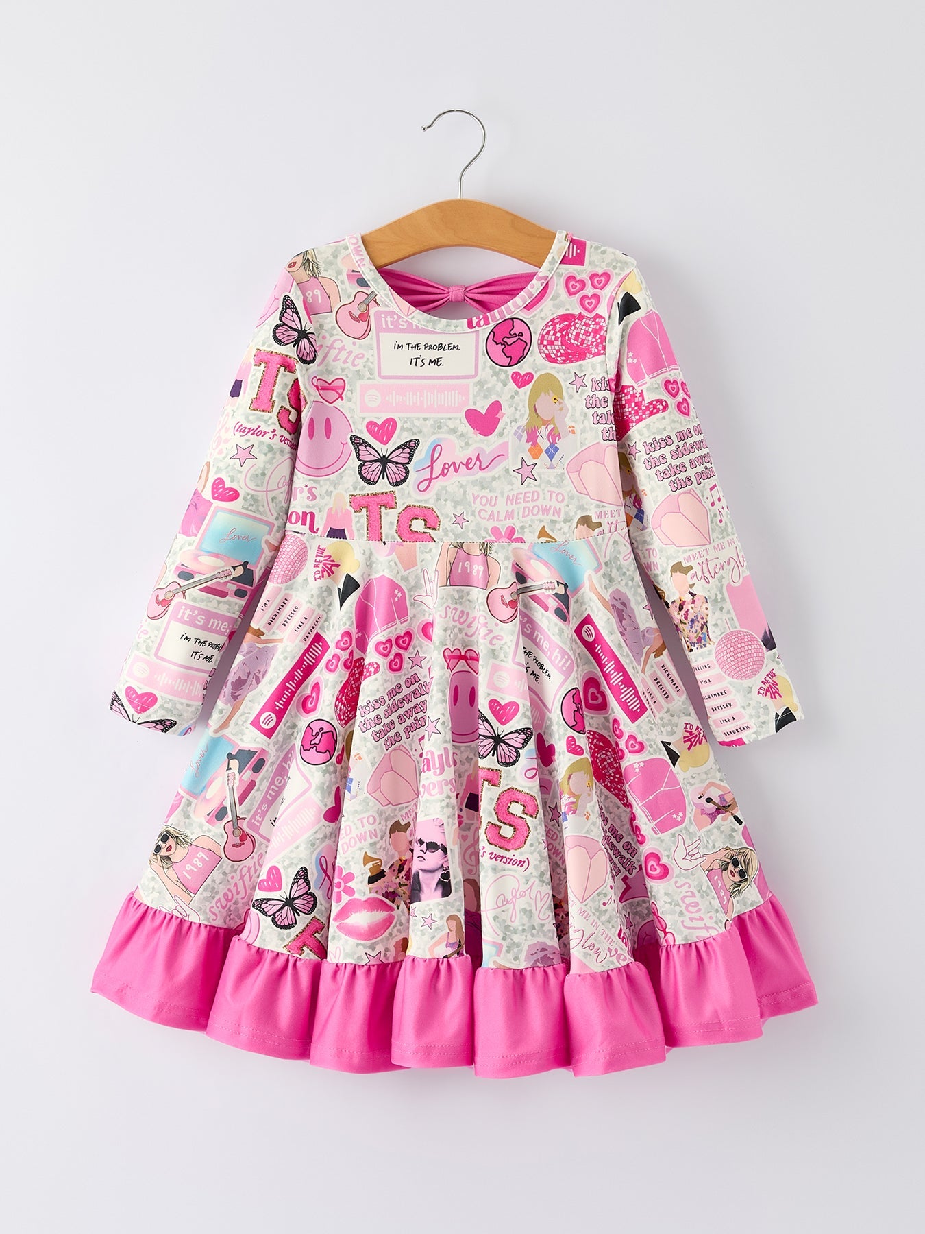 Pink TS Print Ruffle Girls' Long Sleeve Dress