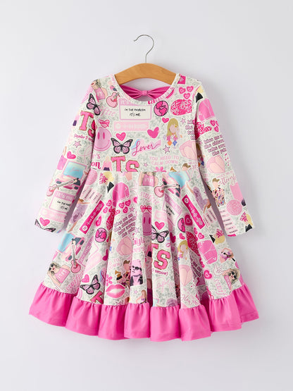 Pink TS Print Ruffle Girls' Long Sleeve Dress