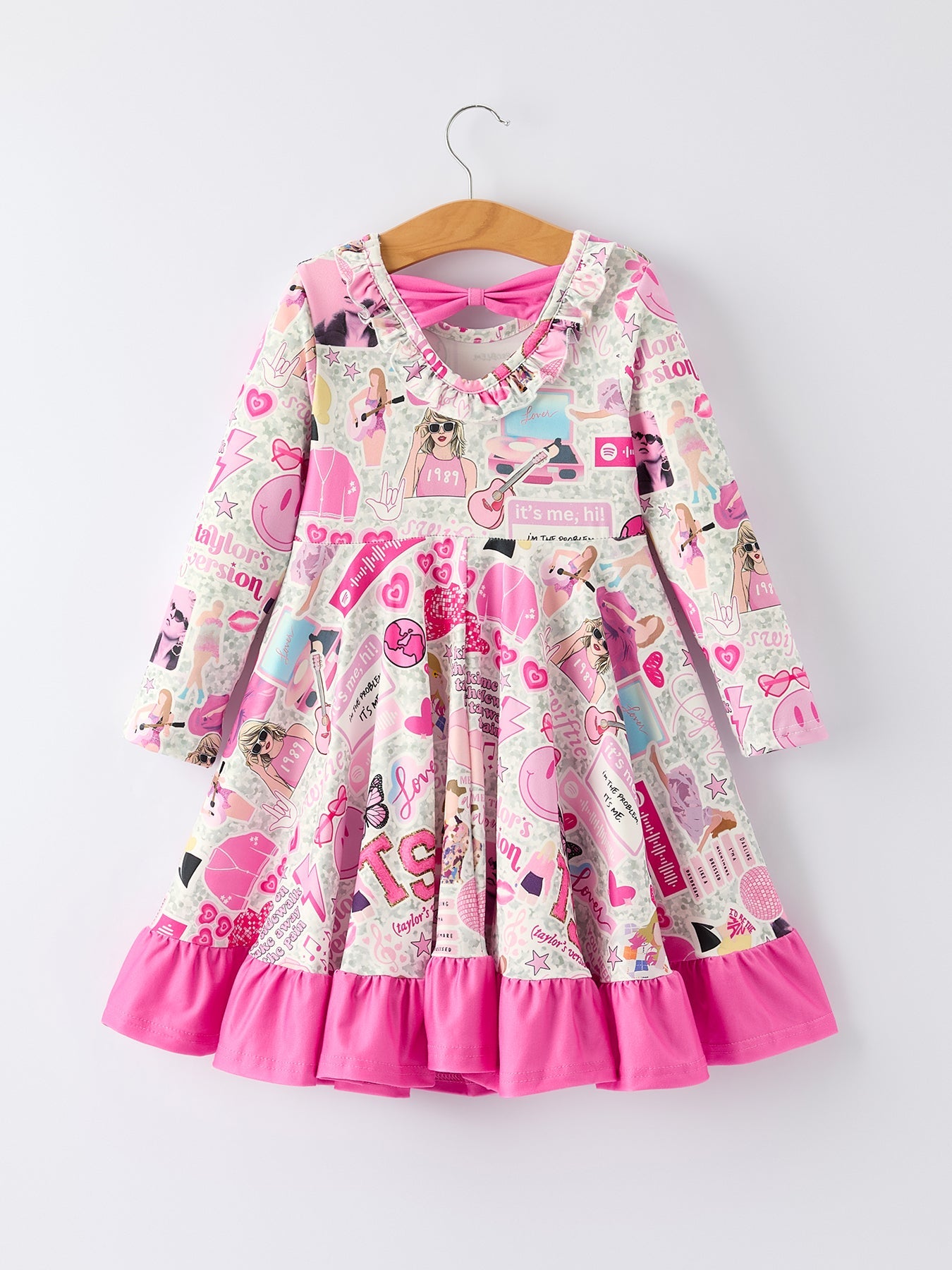 Pink TS Print Ruffle Girls' Long Sleeve Dress