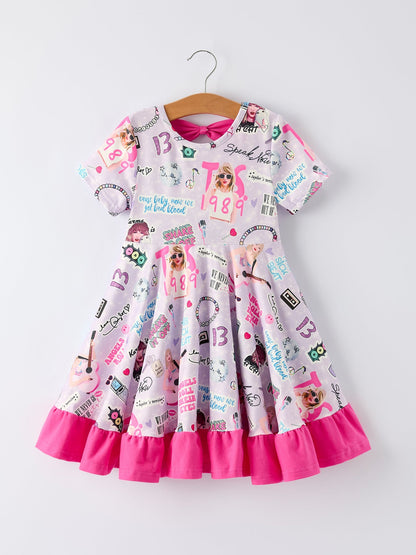 Purple TS Print Ruffle Girls' Short Sleeve  Dress