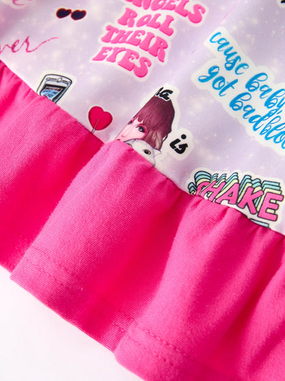 Purple TS Print Ruffle Girls' Short Sleeve  Dress