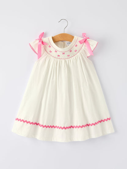 Fall White Girls Dress with Pink Bow Embroidery