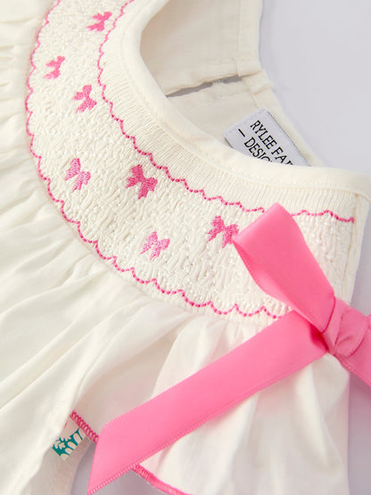 Fall White Girls Dress with Pink Bow Embroidery