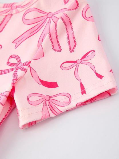 Girls Pink Dress with Bow Pattern - Cute Short Sleeve Outfit