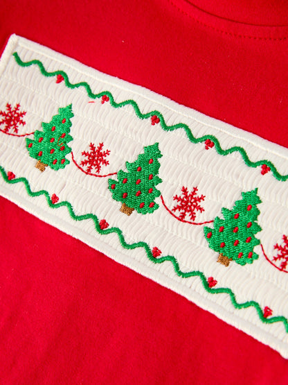 Christmas Tree Smocked Embroidery Green Stripe Boy Set
