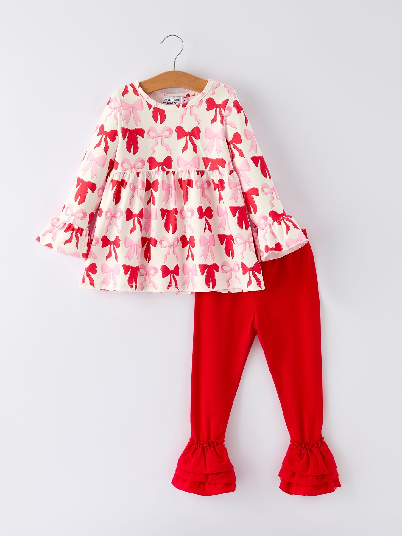 Baby Girls Valentine’s Bow Print Long Sleeve Ruffle Set