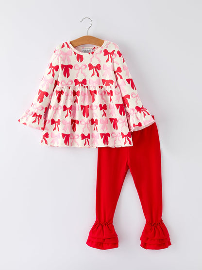 Baby Girls Valentine’s Bow Print Long Sleeve Ruffle Set